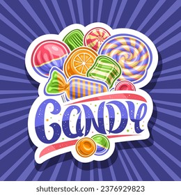 Vector logo for Candy Shop, white decorative badge with outline illustration of various candies and lollipops still life composition, unique lettering for text candy on blue rays of light background