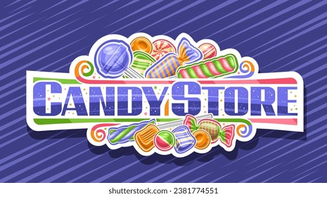 Vector logo for Candy Store, horizontal cut paper sign board with illustration of vivid multi colored candy still life composition and unique lettering for text candy store on blue abstract background