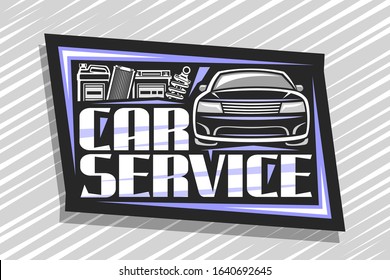 Vector logo for Car Service, decorative signboard with illustration of sports car, gallon can, professional shock absorber, air filter and battery, sign board with original font for words car service.