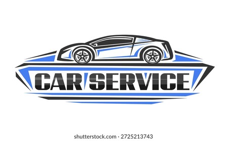 Logotipo vetor para o serviço de carro, emblema decorativo com desenho animado carro conceito caro, placa de sinal horizontal com carro esportivo de perfil azul e serviço de carro de palavras pretas em fundo branco