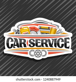 Vector logo for Car Service, white design sticker with set of different auto parts for variety mechanic car system, lettering for words car service, label with illustration for automotive industry.
