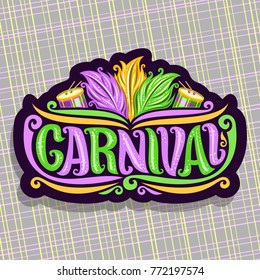 Vector Logo For Carnival, Poster With Brazilian Feather Headdress, Drums With Sticks For Samba Parade, Original Font For Word Title Carnival, Sign For Mardi Gras Carnaval Show On Abstract Background.