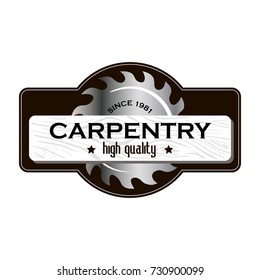 Vector Logo Carpentry High Quality With Wooden Board And Saw Blade.