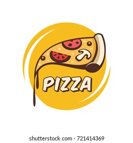  Vector logo in a cartoon style. A slice of hot pizza with mushrooms, sausage, tomatoes and cheese in hand.