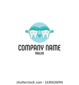 Vector logo with cartoon tooth character elements. Can be used for dental companies