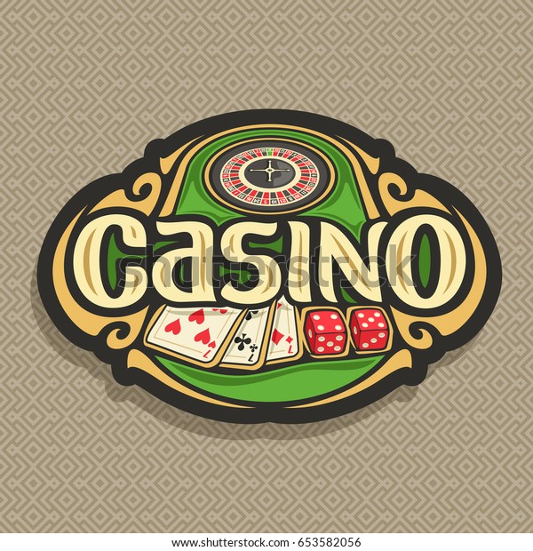 茶色の背景にカジノクラブのベクター画像ロゴ 緑のテーブルの上のルーレットホイール 文字のタイトル カジノ ブラックジャック用のトランプ3 7の組み合わせ クラップ用のダイス2 カジノ用の賭けサイン のベクター画像素材 ロイヤリティフリー