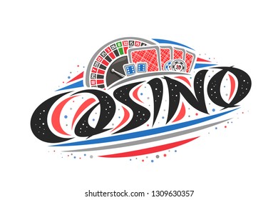Vector logo for Casino, creative outline illustration of european roulette wheel, original decorative brush lettering for word casino, simplistic abstract gambling banner with lines and dots on white.