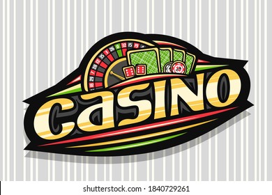 Vector logo for Casino, dark modern badge with illustration of top view roulette and green back playing cards, unique lettering for word casino, gambling sign board with decorative trendy line art.