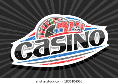 Vector logo for Casino, white modern badge with illustration of roulette and back playing cards, unique lettering for black word casino, gamble sign board with decorative confetti and trendy line art.