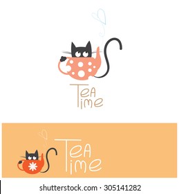 Vector logo with a cat and kettle, tea time.