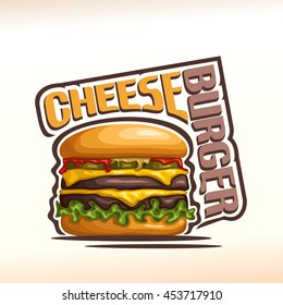 Vector logo cheeseburger, consisting of cut bun, meat beef hamburger grilled patty, pickle cucumber, slice cheese cheddar, leaf lettuce salad, ketchup. Cheeseburger menu for american fast food cafe