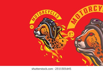 Vector logo of a cheetah wearing a brown helmet, with flames in the background, motorcycle club theme, red backdrop.