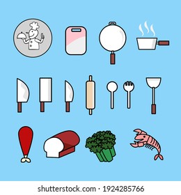 vector logo chef in the kitchen with kitchen set tools, food and bakery  with icon design