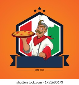 Vektorlogo eines Küchenchefs mit Pizza in Pizzeria