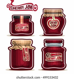 Vector logo Cherry Jam in glass Jars with paper lid cover, red Pot home made cherry berry jams, twine rope bow, homemade fruit jam jar, jelly pot with label, checkered cloth cap, isolated on white.