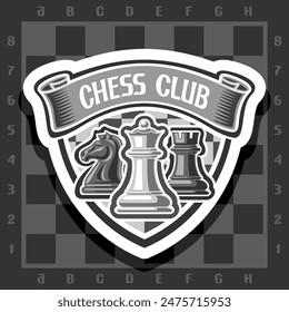 Logo de Vector para el club de ajedrez, cartel decorativo con ilustración en blanco y negro de piezas de ajedrez y cinta con palabras club de ajedrez sobre fondo gris a cuadros