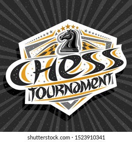 Vector logo for Chess Tournament, modern signage with knight piece on chessboard, original brush typeface for words chess tournament, sports shield with stars in a row on grey abstract background.