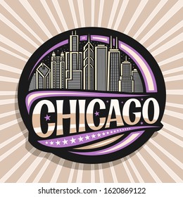 Vector logo for Chicago, dark decorative round badge with draw illustration of modern twilight chicago cityscape, tourist fridge magnet with original brush typeface for word chicago and stars in a row