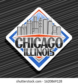 Vector logo for Chicago, white decorative signboard with line illustration of chicago cityscape, tourist fridge magnet with original typeface for words chicago illinois on black striped background.