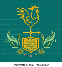 Vector logo. Chicken farm. Products from chicken meat and eggs. Hand drawn silhouette illustration rooster on shield.