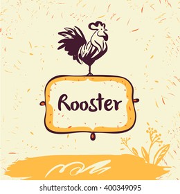 Vector logo. Chicken farm. Products from chicken meat and eggs. Hand drawn illustration rooster on shield.