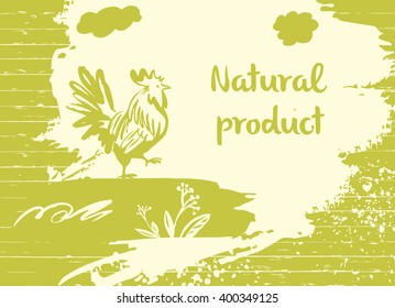 Vector logo. Chicken farm. Products from chicken meat and eggs. Hand drawn silhouette illustration rooster. Natural eco product.