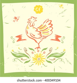 Vector logo. Chicken and hen farm. Products from chicken meat and eggs. Hand drawn silhouette illustration rooster.