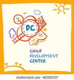 Vector Logo Child Development Center With Earth, Tree, Book, Goal On White Background. Kids Genius Exclusive Education Concept Illustration. 