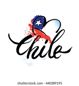 Vector logo Chile, national state flag, symbol republic of Chile.hand lettering and colorful watercolor elements background. Vector illustration hand drawn isolated.