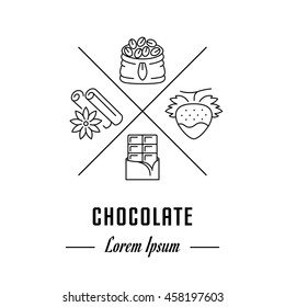 Vector logo chocolate. Hipster emblem, label or banner for company. Line sign with elements. Concept brand.