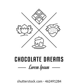 Vector logo chocolate. Hipster emblem, label or banner for company. Line sign with elements. Concept brand.