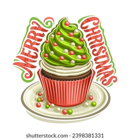 Vector logo for Christmas Cupcake, square poster with illustration of homemade cupcake packed in pink suit with twisted cream decorated christmas balls, small cup cake on dish and text merry christmas