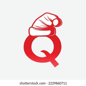 Vector logo for Christmas. greeting card with christmas red hat with letter Q.