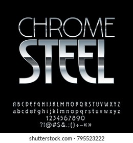 Vector logo Chrome Steel. Chic Silver  Alphabet Letters, Numbers and Punctuation Symbols.