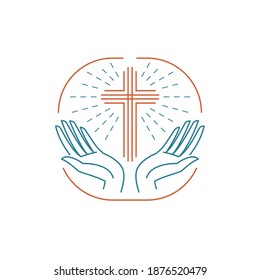 Vector logo church. Catholic christian glowing cross with hands