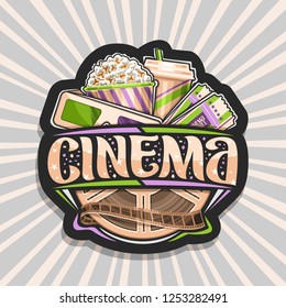 Vector logo for Cinema, black decorative label with green & purple 3d glasses, cardboard cup with popcorn, cola and two admission cinema ticket, brush lettering for word cinema on abstract background.