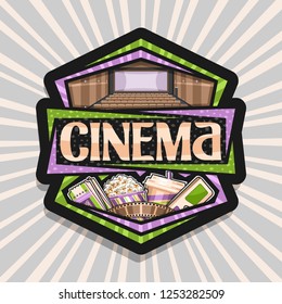 Vector logo for Cinema, black decorative icon with green and purple 3d glasses, cardboard cup with popcorn, cola and two cinema tickets, original lettering for word cinema on rays of light background.