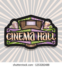 Vector logo for Cinema Hall, decorative label with green & purple 3d glasses, cardboard cup with popcorn, cola and two cinema ticket, brush lettering for words cinema hall on rays of light background.