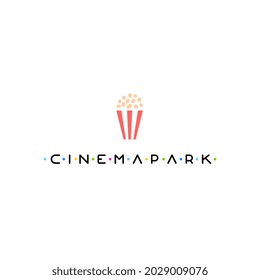 Vector Logo Cinema Park with Popcorn in Red Box on White Background. Line Art Style Design of Creative Logotype