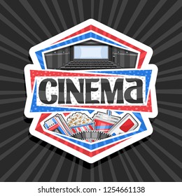 Vector logo for Cinema, white decorative signboard with red and blue 3d glasses, cardboard cup with popcorn, cola and two cinema tickets, original lettering for word cinema on rays of light background