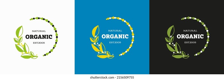 Vector logo in a circle with green leaves, round elements for an ecological product. Design for product with natural products. Eco illustration for print, emblems, natural production, save the planet