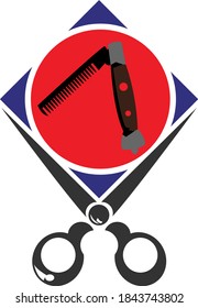 A Vector or logo with classic comb and scissors. Combined with red and blue design.