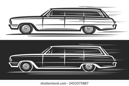 Vector logo for Classic Estate Car, automotive decorative banners with contour illustration of monochrome elegant estate car in moving, running clipart big station wagon on black and white background