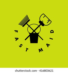 Vector logo for cleaning company. Flat cleaning service insignia. Simple cleaning vintage logo icon isolated on green background.