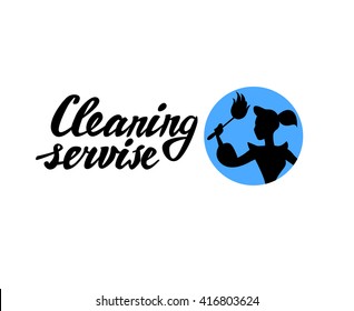 Vector logo for cleaning company. Flat cleaning service insignia. Simple cleaning logo icon isolated on white background. Lady silhouette.