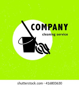 Vector logo for cleaning company. Flat cleaning service insignia. Simple cleaning logo icon with bucket and broom isolated on green background.