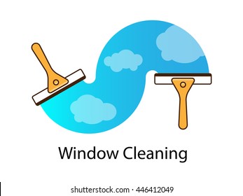 Vector logo, cleaning services. Hand with squeegee cleaning windows.  Line art.