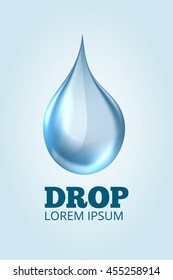 Vector logo of Clear Realistic Water Drop on light background. Emblem template with place for your text