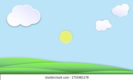 vector logo of clouds, sun and meadow. with a flat design style and soft blue background