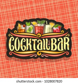 Vector logo for Cocktail Bar, vintage black signboard with 5 colorful refreshing mocktails and original brush typeface for words cocktail bar on dark, set of alcohol drinks with ice and fruit garnish.